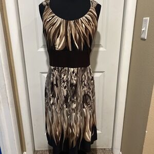 R&M Richards Dress Size 16 Brown Sleeveless Dressy Abstract Stretch Zip Back